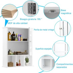 Armário de casa de banho com espelho de parede com porta e Estante Armário de arrumação  50 x 16 x 61 cm branco