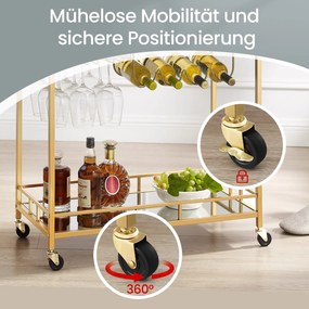 Carrinho de serviço de cozinha com rodas, suportes para copos 38 x 80 x 90 cm dourado