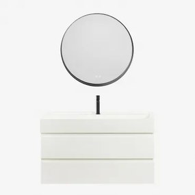 Conjunto De Móvel De Casa De Banho Suspenso Em Madeira E Folha De Freixo Com Lavatório Integrado Ona Branco & Redondo Led - Sklum