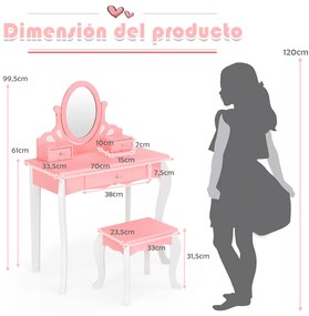 Conjunto de Toucador e Banco para Crianças Mesa de Maquilhagem para Princesas para Meninas com Espelho Rotativo 360° Removível 3 Gavetas Rosa e Branco