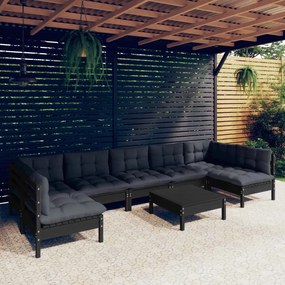 8 pcs conjunto lounge jardim c/ almofadões pinho maciço preto