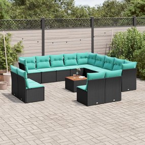 vidaXL 14 pcs conjunto de sofás p/ jardim c/ almofadões vime PE preto