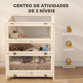 Gaiola para Hamster de Madeira de 3 Níveis com Bebedouros Casotas Baloiços Bandeja Amovível e Tampas Rebatíveis Natural