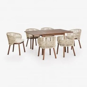 Conjunto De Mesa Extensível Karvia 100-160x100 Cm E 6 Cadeiras De Jantar Em Madeira De Acácia E Corda Trançada Capri Beige Creme - Sklum