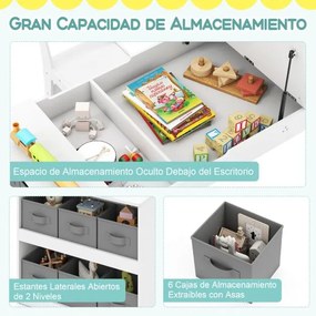 Mesa e cadeiras infantis 2 em 1 com arrumação, com tampo elevável, rolo de papel, 6 copos de tinta e 6 caixas brancas