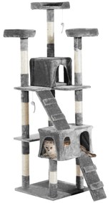PawHut Arranhador para Gatos Grande 49x49x173 cm com Múltiplos Níveis Cavernas e Brinquedos Suspensos Cinza | Aosom Portugal