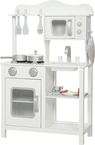 AIYAPLAY Cozinha de Brincar em Madeira com Som Acessórios Lava-Loiças Micro-Ondas e Fogão 55x24x86 cm Branco | Aosom Portugal