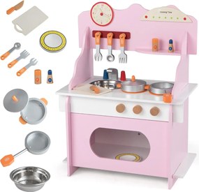 Cozinha de brincar em madeira para crianças 52 x 29,5 x 71 cm com relógio, fogão, prateleira, especiarias, torneira, lava-louças e forno para maiores