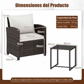 Conjunto de 3 móveis de rattan para jardim, com 2 cadeiras, mesa de vidro e almofadas pretas com capas removíveis, para jardim, terraço ou piscina Cas