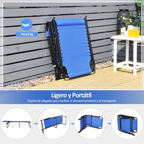 Espreguiçadeira de praia dobrável portátil Cadeira reclinável com encosto ajustável em 4 posições para campismo Pátio Piscina 189 x 59 x 40 cm Azul