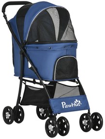 PawHut Carrinho para Cães Dobrável para Cães Pequenos com Cesta de Armazenamento Capota Ajustável Janela de Malha 81x48x99 cm Azul