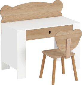 AIYAPLAY Secretária para Crianças com Cadeira em Forma de Ursinho Secretária Infantil com Gaveta para Estudar Ler e Desenhar Branco e Madeira | Aosom Portugal