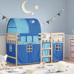 vidaXL Cama alta para criança com túnel 90x190 cm pinho maciço azul