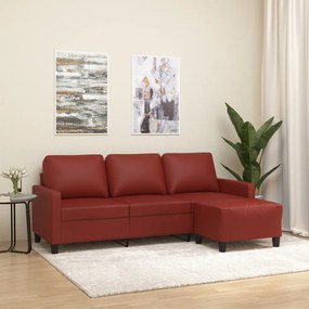 vidaXL Sofá 3 lugares c/ apoio pés 180 cm couro artif. vermelho tinto