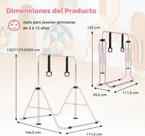 Barra de Ginástica para Crianças, 111,5 x 144,5 x 132 cm, Ajustável em 4 Níveis de Altura, Cor-de-rosa