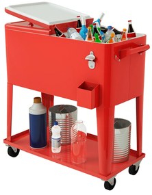 Carrinho Geleira para Bebidas e Gelo 76 L Carrinho Portátil com Rodas e Abre-Garrafas 72 h para Festas Exteriores Pátio Jardim 91 x 48 x 87 cm Vermelh