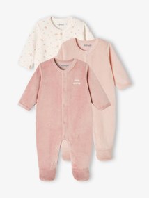 Lote de 3 pijamas em veludo com abertura especial recém-nascido, para bebé pau-rosa