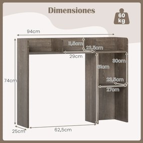 Estante de madeira para secretária 94 x 25 x 74 cm com 4 prateleiras e compartimento aberto Organizador de secretária Cinza