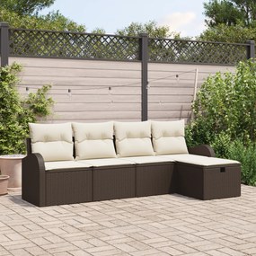 Conjunto de 5 Peças de Sofá de Jardim com Almofadas de Vime Poliéster