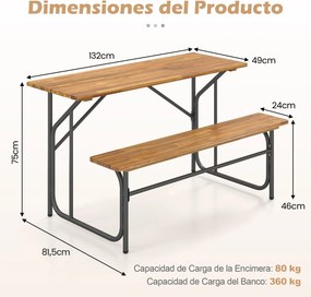 Conjunto jardim 2 Pessoas Mesa de Piquenique Unilateral com banco 2 Lugares Madeira Acacia e Pernas de Metal Natural