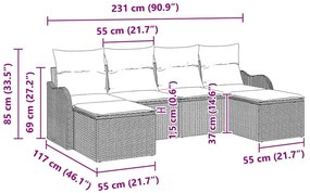 Conjunto de Sofá de Jardim com 6 Peças e Almofadas, Rattan e Poliéster