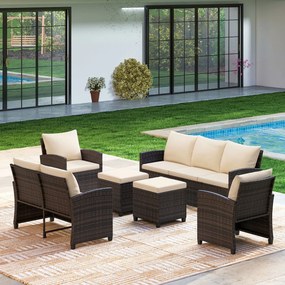 Conjunto de 6 Peças de Mobiliário de Jardim, 2 Sofás, 2 Poltronas e 2 Apoios de Pés, Almofadas Removíveis, Castanho e Bege
