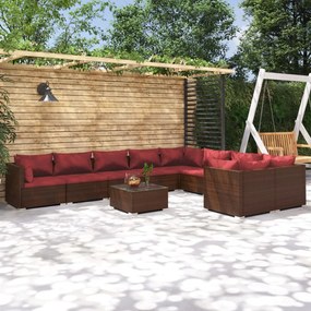 vidaXL 10 pcs conjunto lounge jardim c/ almofadões vime PE castanho