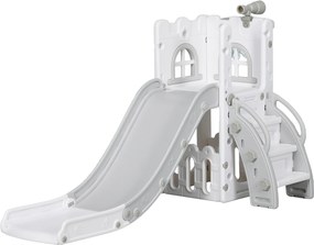 AIYAPLAY Escorrega Infantil 5 em 1 para Crianças com Cesto de Basquetebol Telescópio Escalador e Cesta Inferior 70x177x92 cm Branco e Cinza | Aosom Portugal