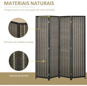 Biombo de 4 Painéis de Bambú Separador de Ambientes Dobrável Divisória para Espaços 180x180cm Marrom e Preto