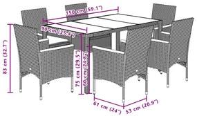 7 pcs conjunto jantar jardim c/ almofadões vime PE/acácia bege