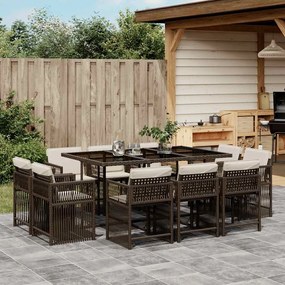 11 pcs conjunto jantar p/ jardim c/ almofadões vime PE castanho