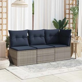 vidaXL Sofá de jardim de 3 lugares com almofadões vime PE cinzento