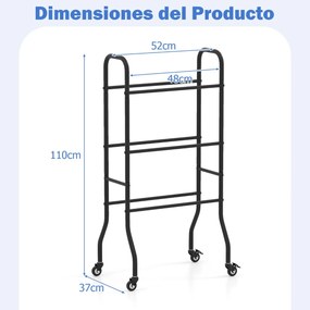 Estante para bolas de basquetebol de 3 níveis 52 x 37 x 110 cm com 4 rodas universais Estrutura preta