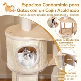 Arranhador para gatos 58 x 48 x 143 cm, com arranhadores de sisal, tapete e escada, brinquedo suspenso, almofada lavável para interior natural