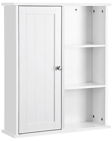 VASAGLE Organizador de parede para armário de banheiro, prateleira de canto suspensa, armário de remédios montado na parede, sem espelho, com uma porta, compartimentos ajustáveis, branco, 60 x 18 x 71 cm BBC20WT