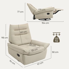 Poltrona Relax Reclinável Manual Giratória Função Baloiço Estofada em PU Reclinável até 135º 97x94x98 cm Creme