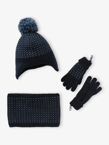 Conjunto gorro + gola snood + luvas em malha jacquard, para menino azul-noite