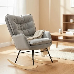 Cadeira Baloiço Estofada em Chenilla com Pés de Madeira de Faia e Apoio para os Braços para Lactância 71x98,5x97 cm Cinzento claro