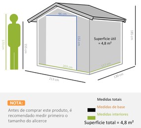 Abrigo de Jardim 213x130x185 cm Abrigo de Jardim Metálico de Exterior com 2 Portas Deslizantes e 4 Janelas Madeira