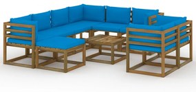 10 pcs conjunto lounge para jardim com almofadões azul-claro