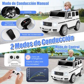 Carro Elétrico para Crianças 12V Mercedes-Benz G500 com Controlo Remoto 3 Velocidades Buzina Música e Luzes LED Branco