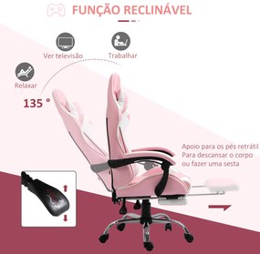 Cadeira de Gaming Reclinável Giratória com Apoio para a Cabeça Apoio para os Pés e Almofada Lombar 64x67x119-127 cm Rosa