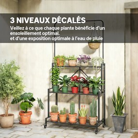 Suporte para plantas de 3 níveis com Rodas 84 x 40,5 x 174 cm, prateleira dobrável para flores em metal com 4 ganchos, preto