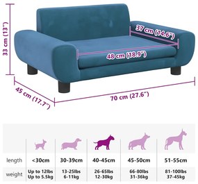 Cama para cães 70x45x33 cm veludo azul