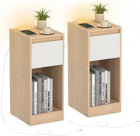Conjunto de 2 mesas de cabeceira com iluminação LED e portas USB 30 x 25 x 59,5 cm Amarelo amêndoa + Branco