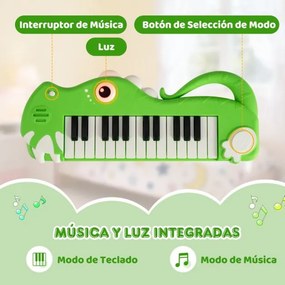 Piano infantil de 25 teclas em forma de dinossauro com música e luzes integradas para maiores de 3 anos Verde