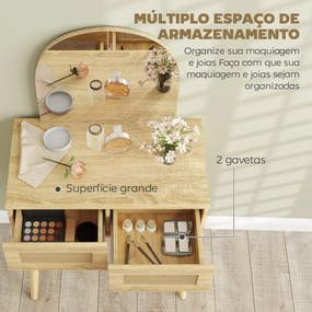 Toucador de Maquilhagem com Espelho Arqueado e 2 Gavetas com Frente em Vime para Espaços Pequenos 70x43,5x130 cm Madeira