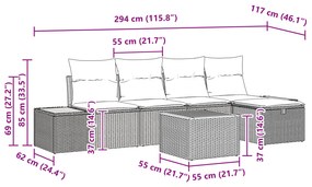 Conjunto de 6 Peças de Sofás de Jardim com Almofadas Bege de Vime Poli
