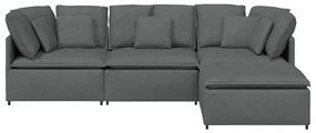 Sofá modular com pufes e almofadas tecido cinzento-escuro