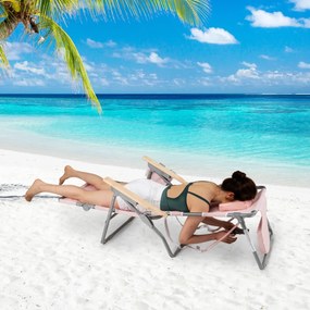 Cadeira de praia dobrável 3 em 1 com orifício para o rosto, apoio para os pés, encosto reclinável e transportável para apanhar sol, Rosa